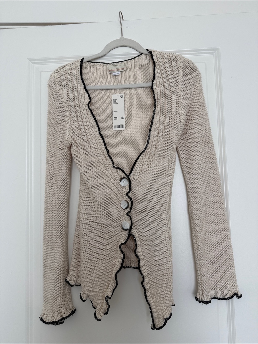Kimchi Blue Beige Open Ruffle-Trim Cardigan with Black Edge - Picture 3 of 3